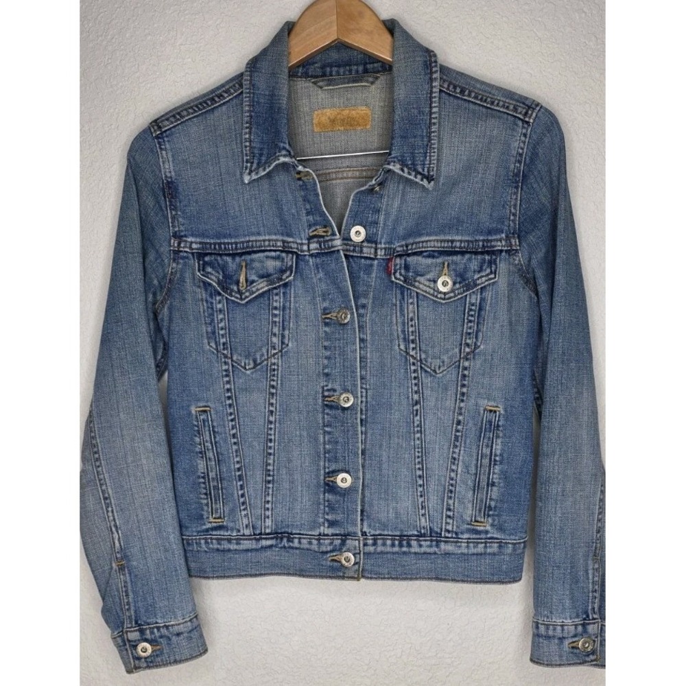 Levis Trucker Denim Jean Jacket Women M Distressed 90s Y2K Button Pockets Moto